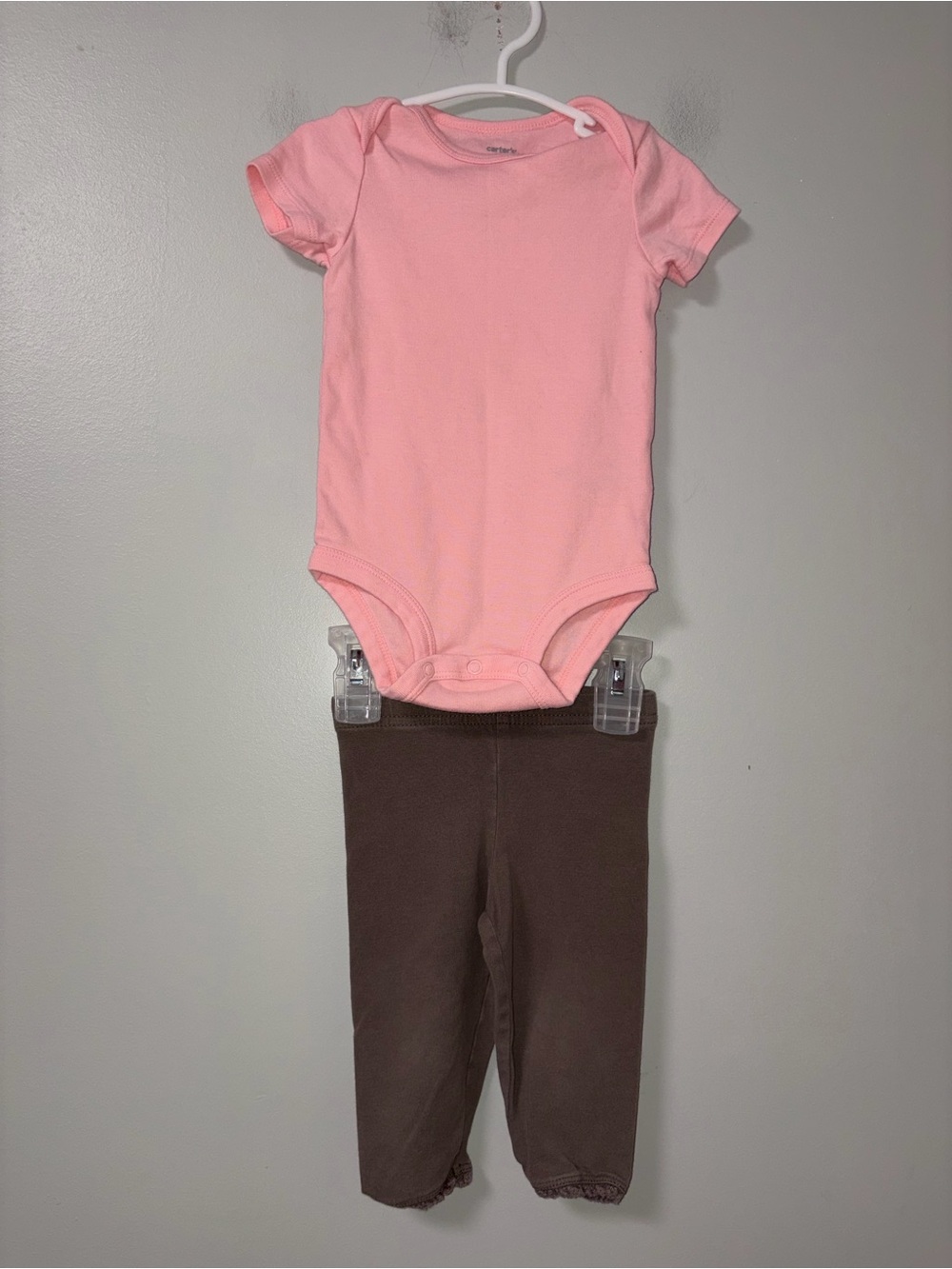 Carters Pink Body Suit & Gray/Brown Ruffle Hem Pants 12M Girls